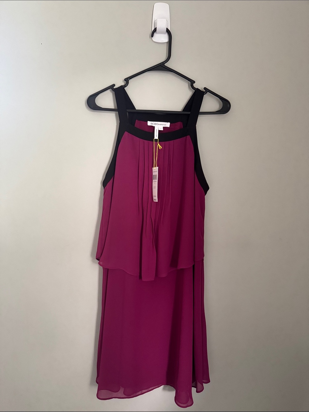 BCBGeneration Magenta Layered Halter High-Low Dress with Black Trim